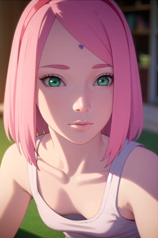 young woman, short shoulder-length pink hair, wide forehead, porcelain skin, pink eyebrows, big emerald green eyes, buttoned nose, full lips, heart-shaped face, slender body, small breasts, red tank top, Sakura Haruno , realistic, realism, details, 3d, well detailed