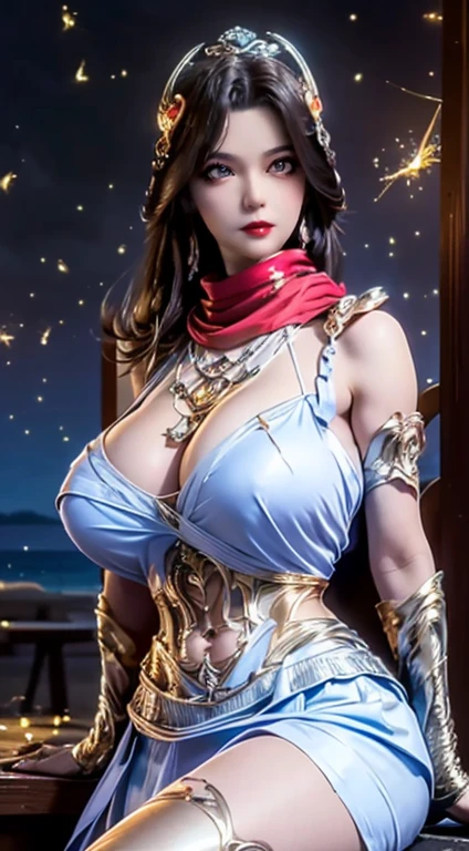 1 beautiful sexy 20 year old girl, ((Wearing a super white skirt:1.6)), ((Diamond-encrusted dress:1.7)), ((Brown black long hair:1.6)), Jewelry crafted with gemstones and beautiful hair, ((A thin red scarf covered half of her face:1.5)), noble, Beautiful lady, Her little face is super cute, Her face is beautiful, Thin eyebrows, Flawless beautiful face, ((Black pupils: 0.8)), very beautiful eyes, ((Metallic light blue eyes: 1.6)), (((big round eyes:1.6))), Beautiful makeup and hair detailed eyelashes, steam eye makeup, high nose, earrings, red lips, ((Shut up: 1.5)) Beautiful lips, Delicate hands, The most beautiful thighs, ((Stretch your arms to the sides: 1.5)), ruddy face, cleanface, Flawless beautiful face, Smooth and fair skin, (Large Breasts: 1.5)), ((High chest: 1.6)), Breast tightness, 美丽的Cleavage, (((Large Breasts and super round: 1.8))), ((super Breast tightness: 1.7)) , Beautiful breasts, Perfect body, Rear arm, Keep your chest up, ((Fine black mesh stockings with black lace trim:1.5)), ((Keep your chest up、Sitting posture with arms behind the back: 1.6)), ((Awkward and embarrassing:1.6)), 8K Photo, super high quality, Surreal, 10 times more pixels, Optical, Bright studio, Bright Edge, dual-tone light, (Highly detailed skin:1.2), Super 8K, soft light, high quality, volumetric light, Reality, Reality high resolution, light, Best photos, 4k, 8K picture quality, Blur effect, Smooth and sharp, 10 x Pixel, ((Night beach and fireflies background:1.5)), aurora, lightning, Super realistic graphics, The most realistic graphics, 1 girl, Solitary, Solitary, Extremely clear images, Surrealism, (((Frontal image: 1.5)))."(((Full breasts,)))(((Large Breasts))) (((Cleavage))),
