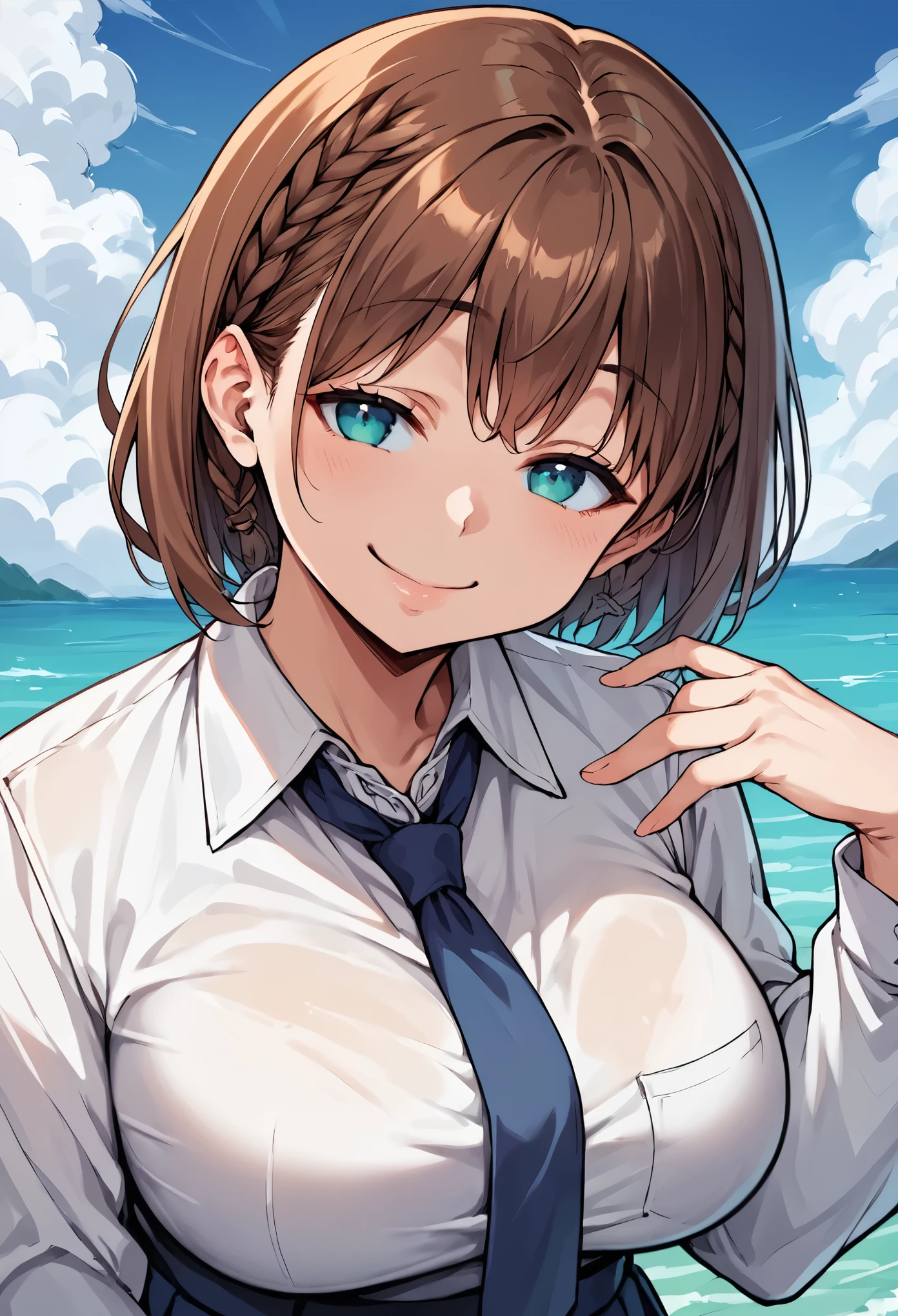 score_9, score_8_up, score_7_up, score_6_up, source_anime, BREAK 1girl, solo, aichan, brown hair, cyan eyes, braid, white shirt, collared shirt, blue necktie, pleated skirt, blue skirt, large breasts, looking at you,big smile,happy ,closed eyes, blue sky, clouds