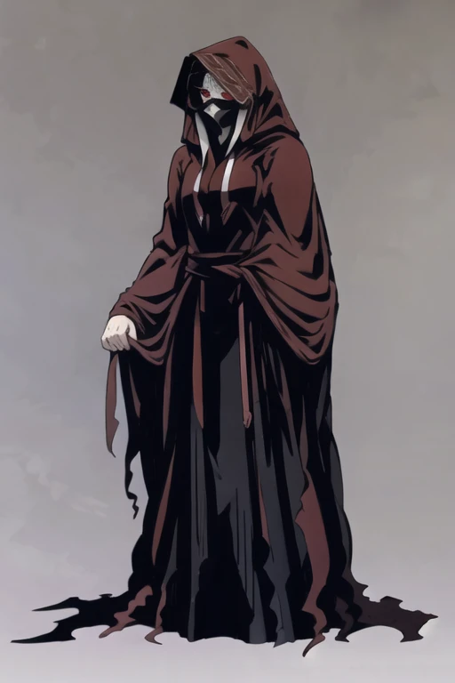 No name assassin, red eyes, cloak, robe, long skirt, mask, hood, cape, standing, full body, best quality, masterpiece,