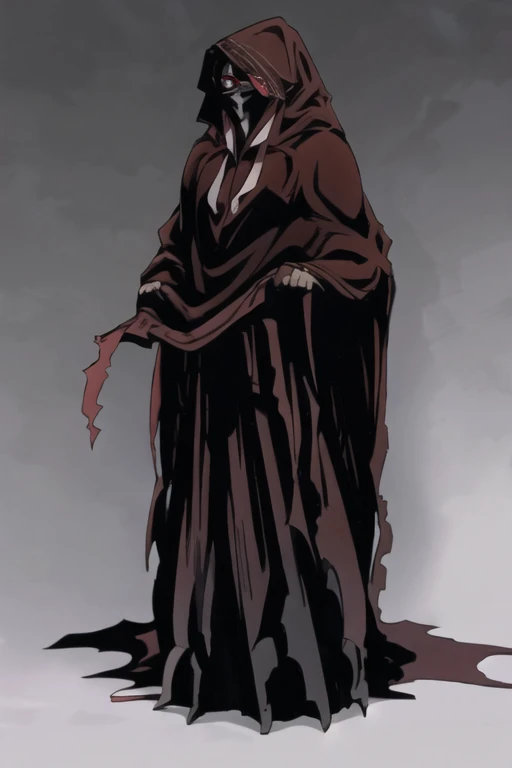 No name assassin, red eyes, cloak, robe, long skirt, mask, hood, cape, standing, full body, best quality, masterpiece,