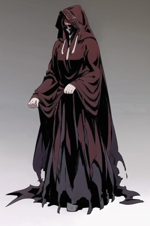No name assassin, red eyes, cloak, robe, long skirt, mask, hood, cape, standing, full body, best quality, masterpiece,