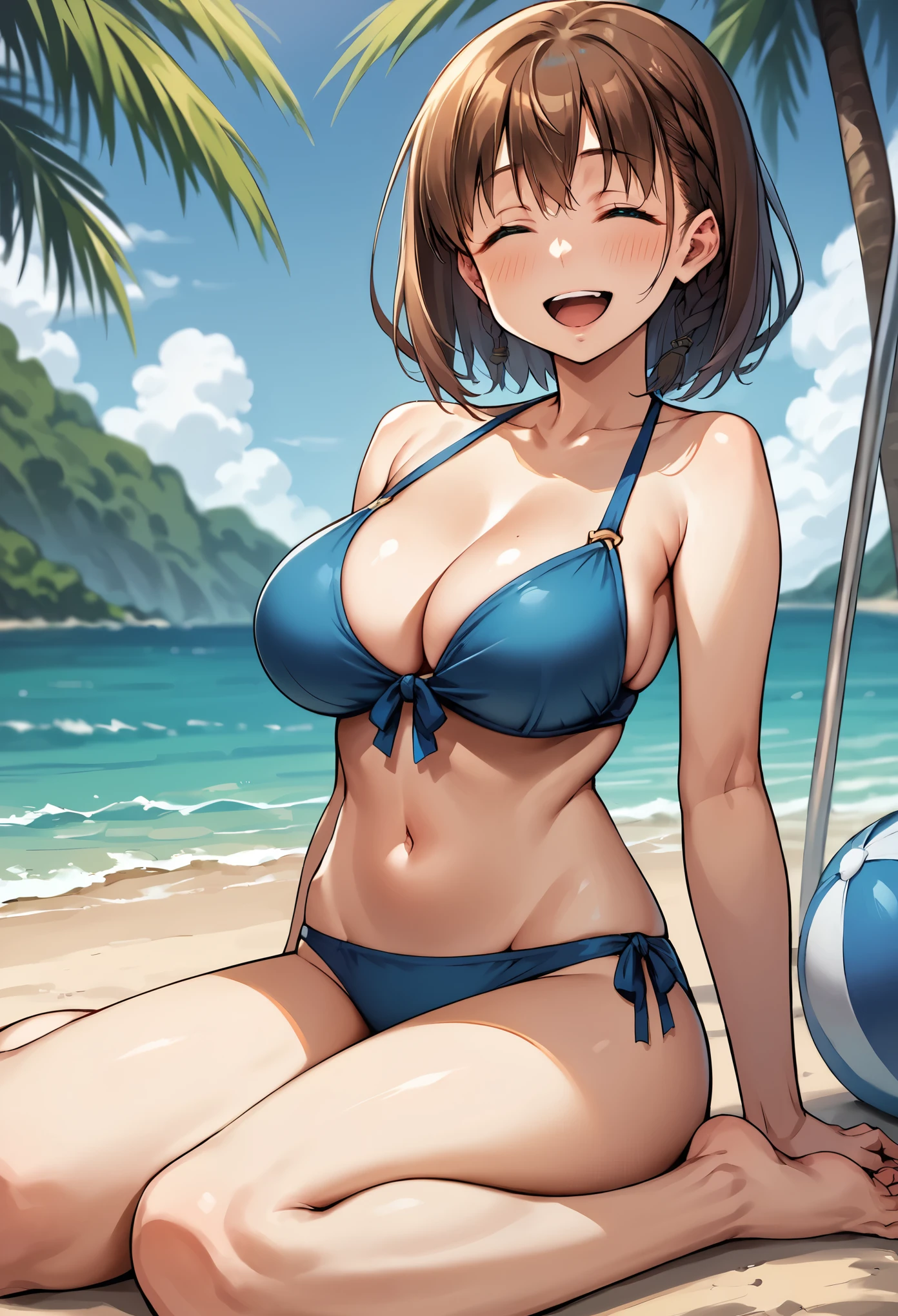 score_9, score_8_up, score_7_up, score_6_up, source_anime, BREAK 1girl, solo, aichan, brown hair, cyan eyes, braid, large breasts, blue bikini, beach, happy, blush, closed eyes, palm tree, barefoot, sitting