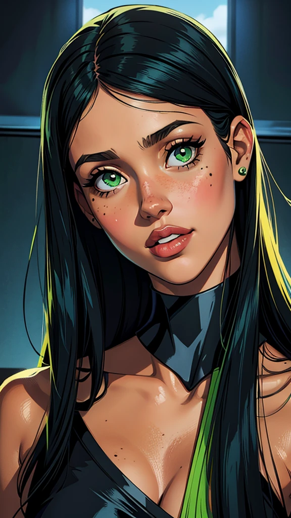 Jessica Alba, 18 anos de idade, rosto magro, Verde_encaracolado_preto_cabelo, encaracolado bangs, verde_Olhos, pecas, rosto lindo, pele de folha, princess_vestir, retrato