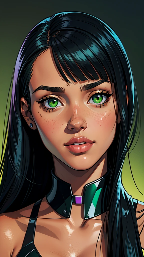 Jessica Alba, 18 anos de idade, rosto magro, Verde_encaracolado_preto_cabelo, encaracolado bangs, verde_Olhos, pecas, rosto lindo, pele de folha, princess_vestir, retrato
