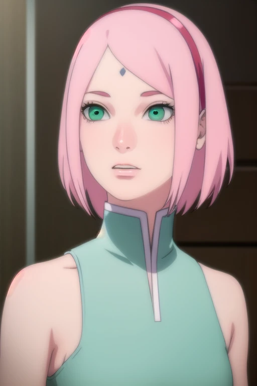 young woman, short shoulder-length pink hair, wide forehead, porcelain skin, pink eyebrows, big emerald green eyes, buttoned nose, full lips, heart-shaped face, slender body, small breasts, red tank top, Sakura Haruno , realistic, realism, details, 3d, well detailed
