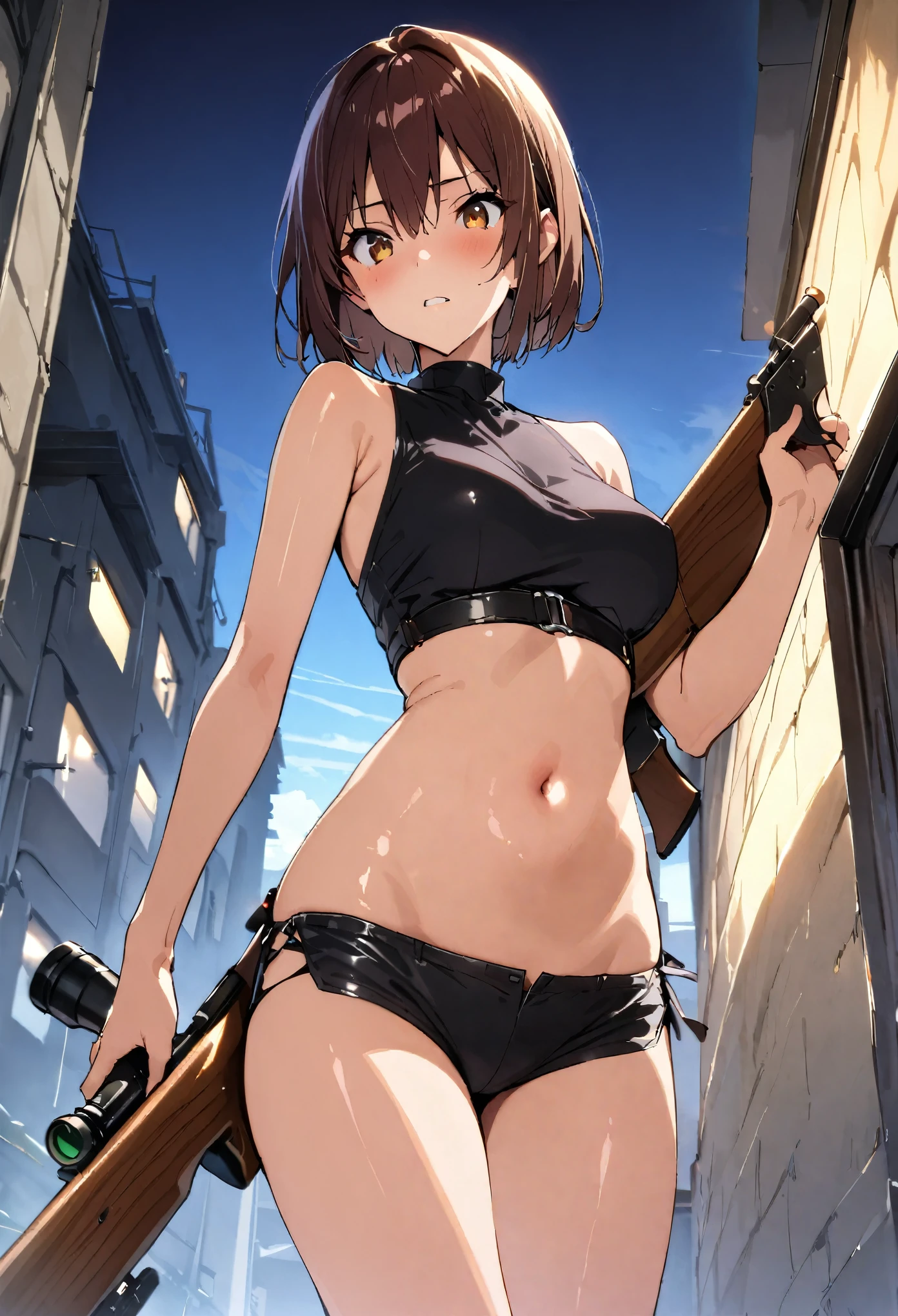 takeda hiromitsu style,(((masterpiece, highest quality:1.3,absurdres))),cowboy shot,20 year old beauty,Sniper、solo,((very small head)),short bob hair,bangs,dark brown hair,brown eyes,blush,medium breasts,((very long body)),((slender body)),skinny,gleaming skin,shiny skin, Black turtleneck、No sleeve、Crop length、navel、Black micro mini shorts、Holding a rifle with both hands、((shooting:1.5、Aim at the target、Look into the sight))、Accurately rendered guns、rooftop of high-rise building、Tokyo、moonlight、