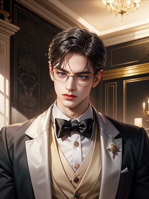 ((masterpiece)),(((best quality))), (detailed light) (detailed shadow), (high quality, breathtaking),(expressive eyes, perfect face), 1man, solo, male, tall, (mature), broard shoulder, muscular, short black Quiff hair, push back hair,, blue eyes, no smiling, black suit, black tie, serious face, stern expresion, butler, glasses, muscular, huge, RELAXED EXPRESION, (((PUSH BACK HAIR))), (hot sharp tired eyes), sharp features, looking away, convex nose, WIDE, (((HOOKED NOSE)))((EYEGLASSES))((SHORT HAIR, MALE)), messy hair, ((((luxurious room background))))(((CONVEX NOSE)))
