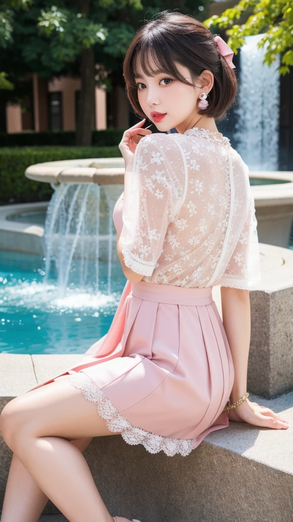 (8k, Photorealistic, Raw photo, Highest quality: 1.4),Japanese idol-style beautiful girl,1 person,18-year-old,Hairstyle(Very Short Bob,Black),Hang your hair over your ears,pearl(1 capsule)Put earrings in your ears,Big, clear grey eyes,Long eyelashes,Plump Cheeks,She has pale pink lipstick on her lips.,Apply gloss over your lipstick for glossy, plump lips,A short pendant is hanging around her neck,Thin and delicate shoulders,Pale pink nail polish on the nails of both hands,Thin waist,Layered dress(The front is made of white lace for a sheer look. :1.4,No sleeve,Floral,The back is light pink)Wearing,Wearing sandals,Standing with a park fountain in the background,Pause(Grab your skirt with both hands and lift it up a little,bend your knees slightly,Cross your legs,Bow slightly),Full body portrait