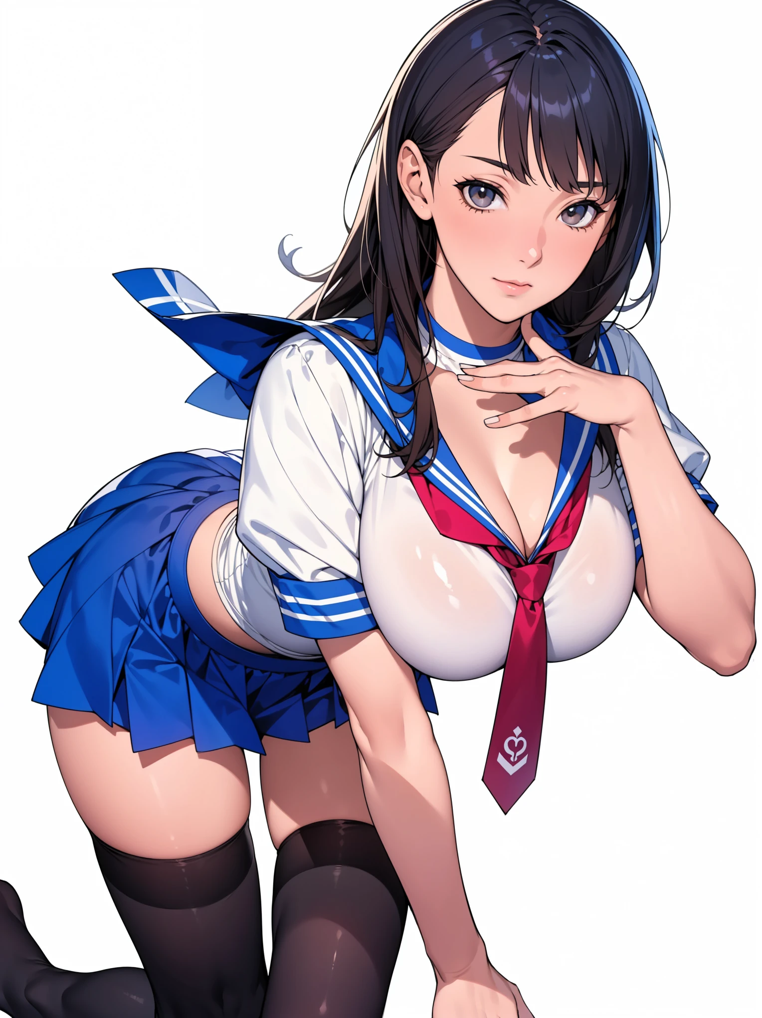 NSFW:1.3. White short-sleeved sailor uniform:1.9 White short sleeves, dark blue collar, dark blue scarf, dark blue uniform pleated skirt:1.9 Ponytail White Panties:1.3 Sex:1.9. Anime drawings with vivid colors: Tall women:1.9 Standing posture: Spread your legs wide:1.3 Sweat, breasts, buttocks, troubled face, glaring, wrinkled brows, flushed cheeks, night:1.3 Apartment bedroom, white sheets, short black hair, ponytail:1.9 Straight hair, bangs swept to the side:1.9. Slanted eyes, brown eyes, tall, big breasts, strong-willed, beautiful