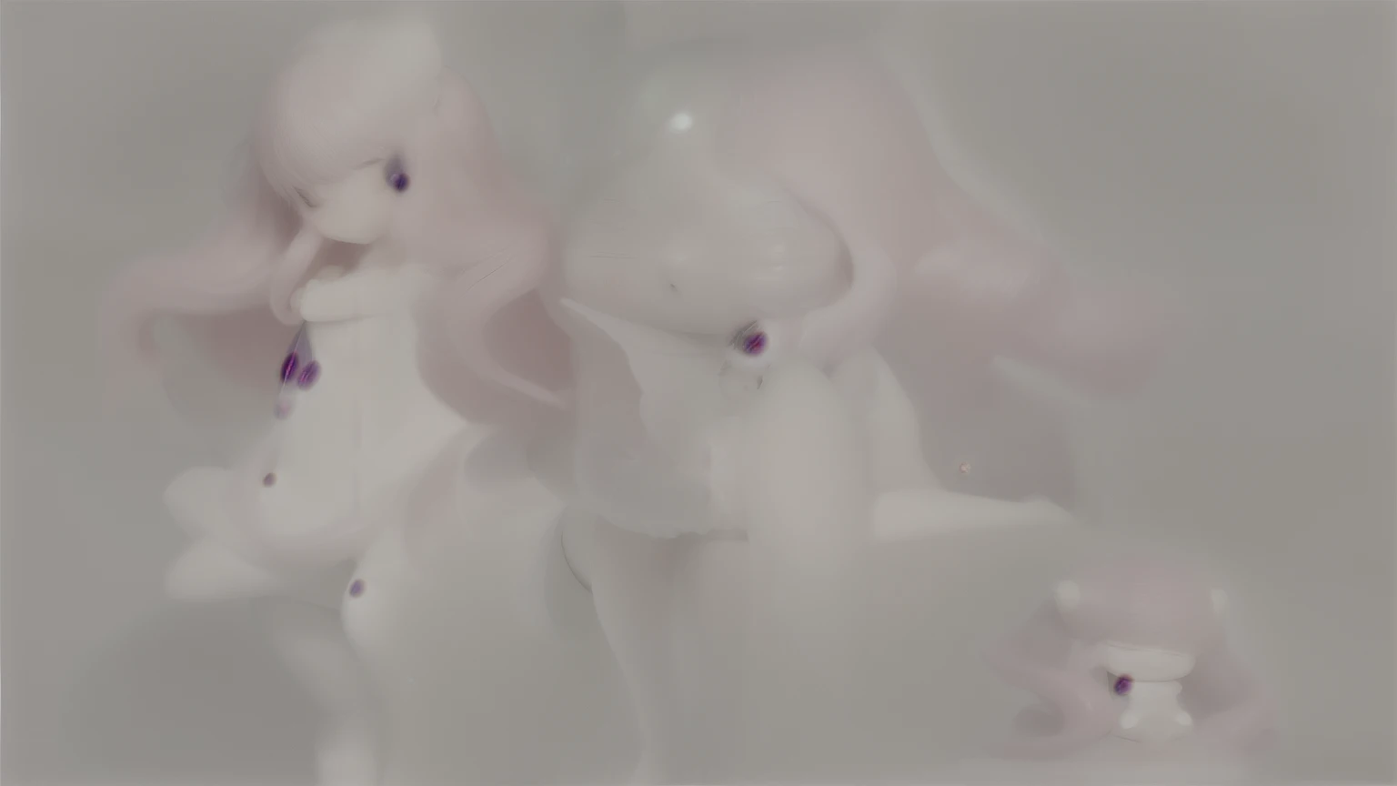 (The same character,front,side,back),Simple solid color background! ,(whole body) little girl,Pearl Shell Package,Long curly hair,Pink Hair,Close your eyes,knee hugging