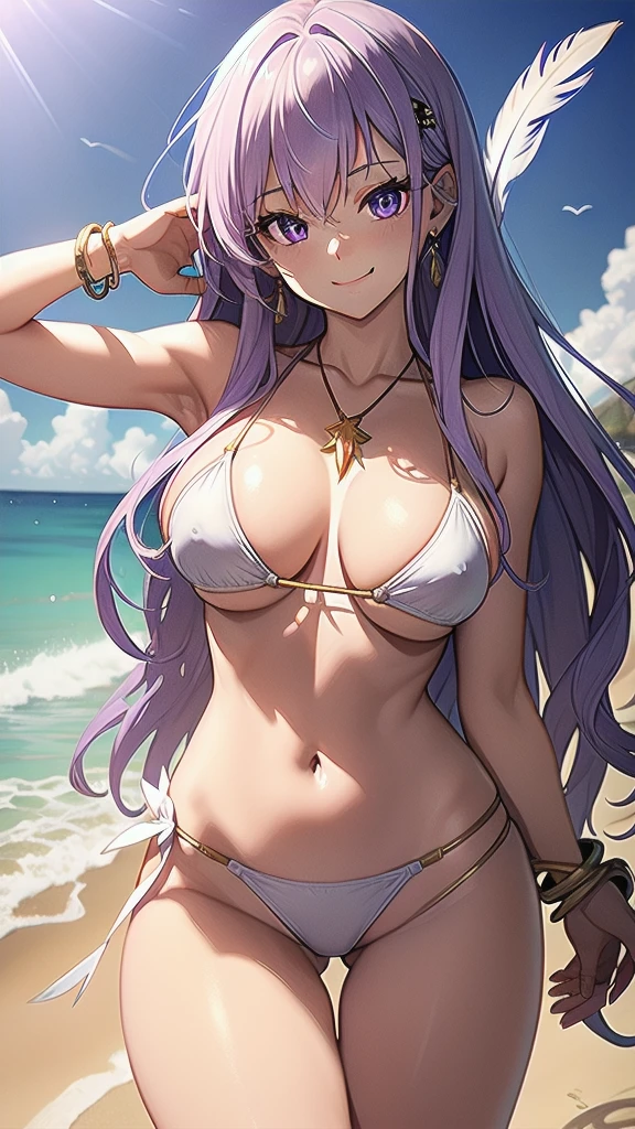 masterpiece, best quality, 1 solo girl, light purple hair, light purple eyes, long hair, medium breasts, sexy body and face, wavy hair, smile, white bikini, pendant, bracelet, jewelry, earrings, feather hair ornament, ball, lying at the sand, summer, sexy pose, cowboy shots, detailed body, face, and eyes, sharp focus, vibrant, creative, dynamic, high definition, high resolution, 8k, (Upscale: R-ESRGAN 4x+ Anime6mage enchance:4x), voluptuous body, cinema lightning, dakimakura style, looking at the viewer,