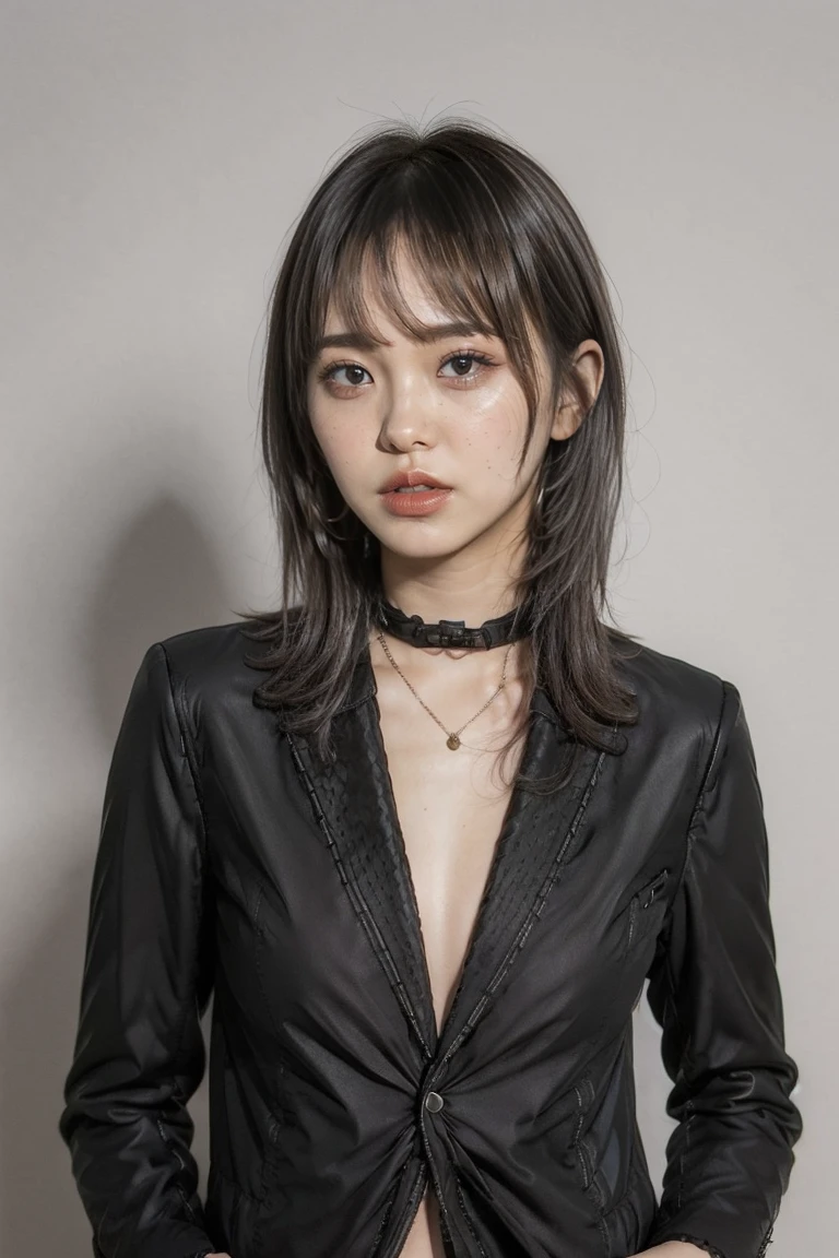 (Highest quality，8k，32K，masterpiece，Ultra-high resolution:1.2), (Capture the entire image, Even on your head:1.5), ((Mouth closed,Bright expression:1.2)), ((Medium Hair,Beautiful Bangs:1.5)), Put a mask over your mouth,Light pink hair,Whiten the skin a little,positive, Professional Lighting, Flash photography, Shaded photo，((Cleavage:1.5))，((Center of chest)), Upper Body, Face Focus, Choker Necklace, Plain gray background, ((Deep neckline black tailored jacket:1.2)), ((Not wearing a bra:1.6)),Smaller breasts,bra is light pink