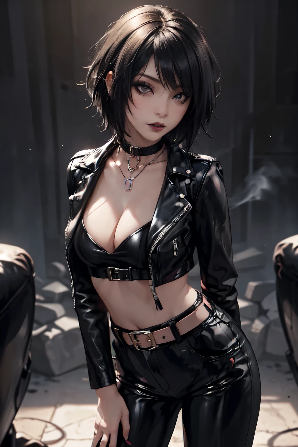 1Girl, woman, emo_hairstyle, black lipstick, dog collar, eyeliner, eye shadow, smoky eyes, realistic lighting, short hair, standing up, leather clothes, open clothes, cleavage, leather pants, belt.