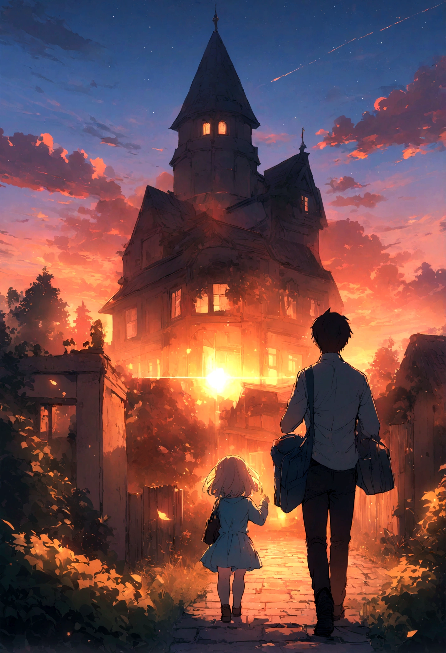 highest quality,4K,8k,High resolution,Tabletop:1.2)A boy and a girl were walking down the street chatting，Sunsetが彼らを照らしていた，Dressed in blue ，Carry a school bag，Back Shadow，A sense of youth on campus，Trees are planted on both sides of the road，There are 2 houses in front of the house，Adorable，Kindness，Remember、Back view、Sunset
