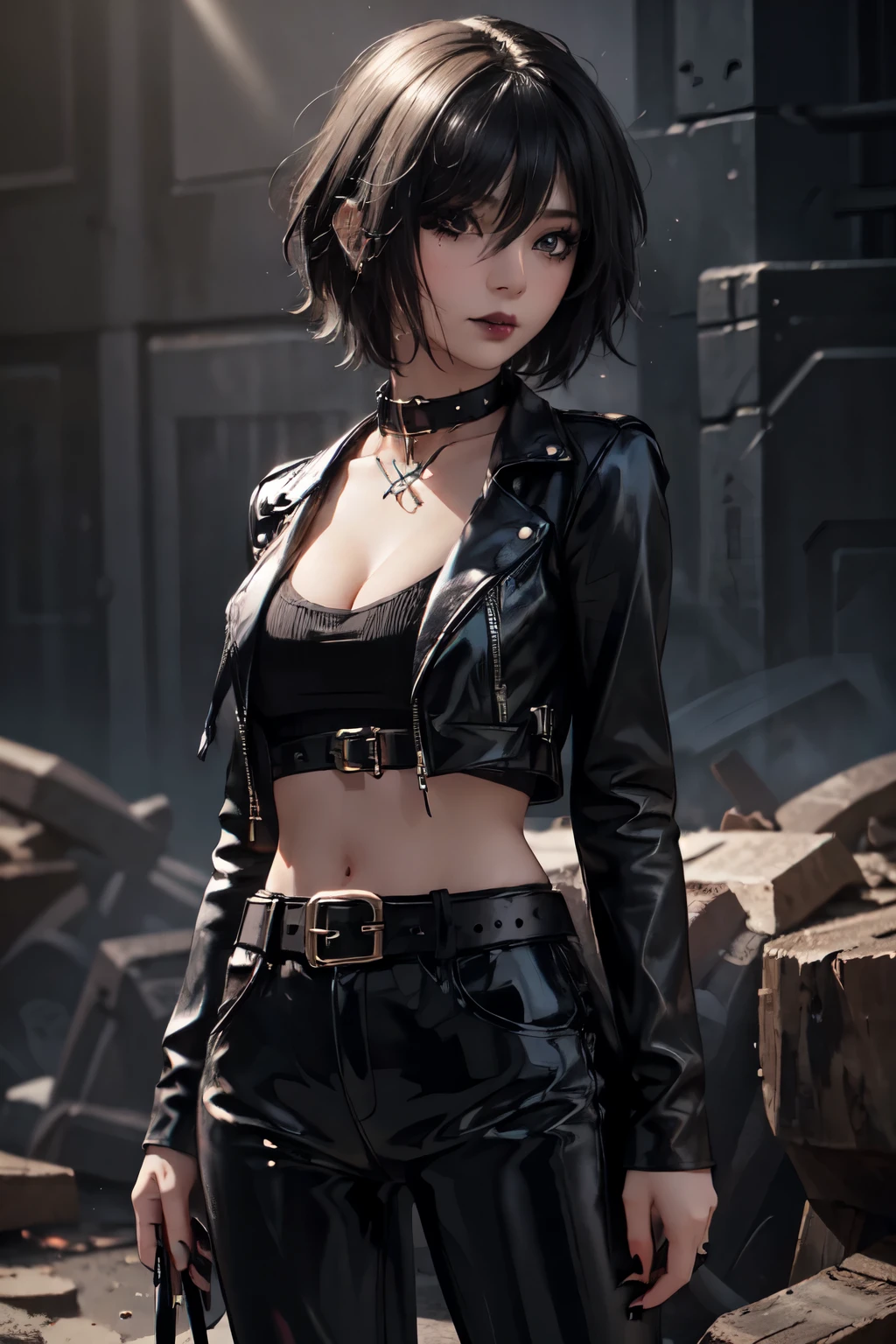 1Girl, woman, emo_hairstyle, black lipstick, dog collar, eyeliner, eye shadow, smoky eyes, realistic lighting, short hair, standing up, leather clothes, open clothes, cleavage, leather pants, belt.