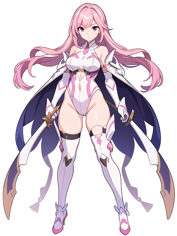 (((white background))), (((Best Quality))) , ((full body)), female, reference sheet, solo, white thigh high, gauntlets, leotard, body stocking, (cropped shoulders), sword, holding sword, gloves, stand posture, pink theme,
