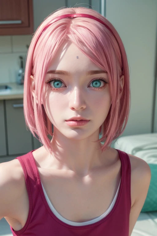 young woman, short shoulder-length pink hair, wide forehead, porcelain skin, pink eyebrows, big emerald green eyes, buttoned nose, full lips, heart-shaped face, slender body, small breasts, red tank top, Sakura Haruno , realistic, realism, details, 3d, well detailed
