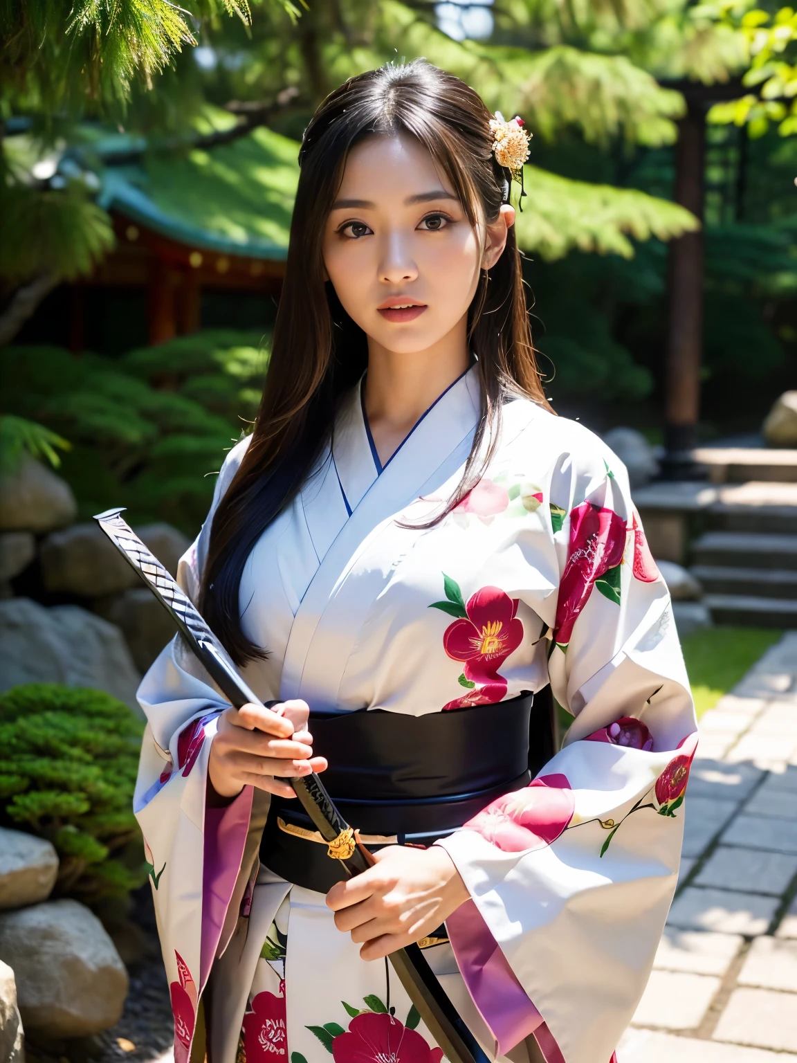 (Best-quality, Masterpiece, Ultra-High-Resolution, (Photorealistic:1.4), Raw Photo, depth of field, professional lighting, perfect anatomy, extremely details), 1girl, the most famous Japanese actress, cowboy shot, in Japanese-style garden, wearing extremely beautiful Japanese-KIMONO with gorgeous-design, ((standing with Japanese-KATANA in right hand):1.3), (extremely beautiful and realistic face, ((extremely beautiful and extremely realistic big-eyes)), extremely beautiful and extremely realistic hair, extremely beautiful and extremely realistic skins), looking at viewer, detailed extremely-beautiful-Japanese-KIMONO-with-gorgeous-design, ((detailed Japanese-KATANA):1.3), detailed Japanese-style-garden