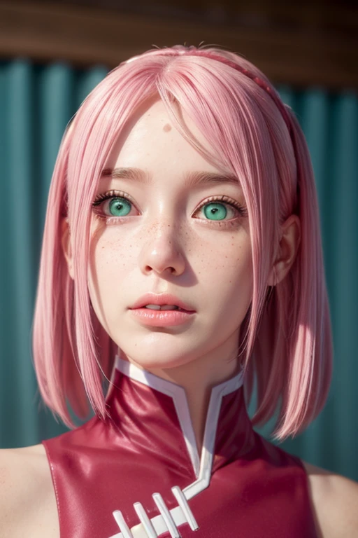 young woman, bubblegum pink hair, wide forehead, emerald green eyes, upturned nose, freckles on nose, thick pink lips, heart-shaped face, red clothes, Sakura Haruno, realism, well detailed, 3d