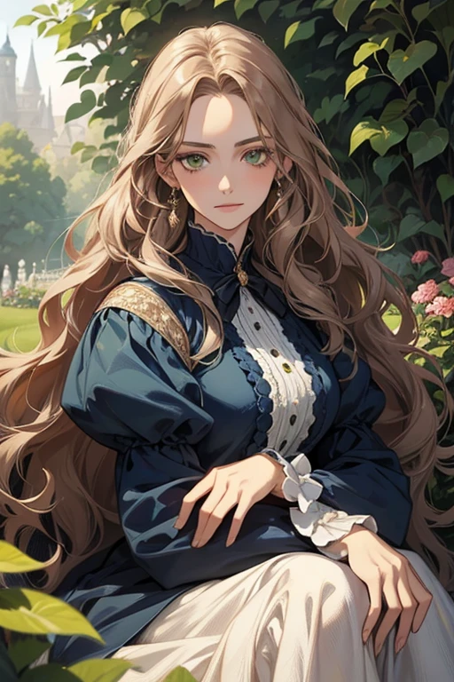 a digital painting of a woman with long brown wavy hair, green eyes, a young noble woman from the 1800's , soft features, navy blue dress, in a garden, portrait style