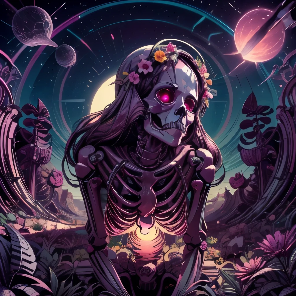 beautiful lighting, ((skeleton)), front, sitting, no humans, 
flower armor, flower crown, glowing eyes, happy vibes, bright pink background, flowers, abstract, surreal, mixed media, pink haze, ultra detailed,
 cutecore dreampop,  nvdreampunk, abstract surrealism, abstract geometry, mixed media