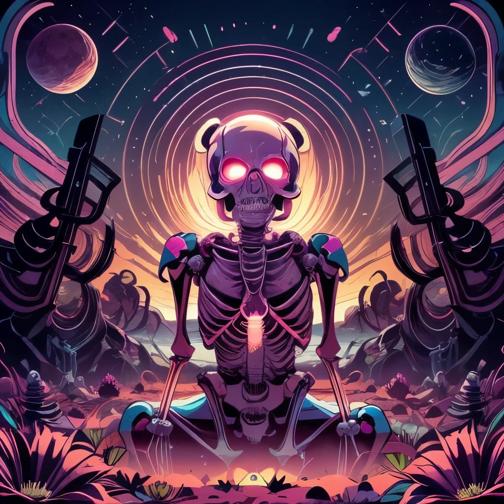 beautiful lighting, ((skeleton)), front, sitting, no humans, 
flower armor, flower crown, glowing eyes, happy vibes, bright pink background, flowers, abstract, surreal, mixed media, pink haze, ultra detailed,
 cutecore dreampop,  nvdreampunk, abstract surrealism, abstract geometry, mixed media