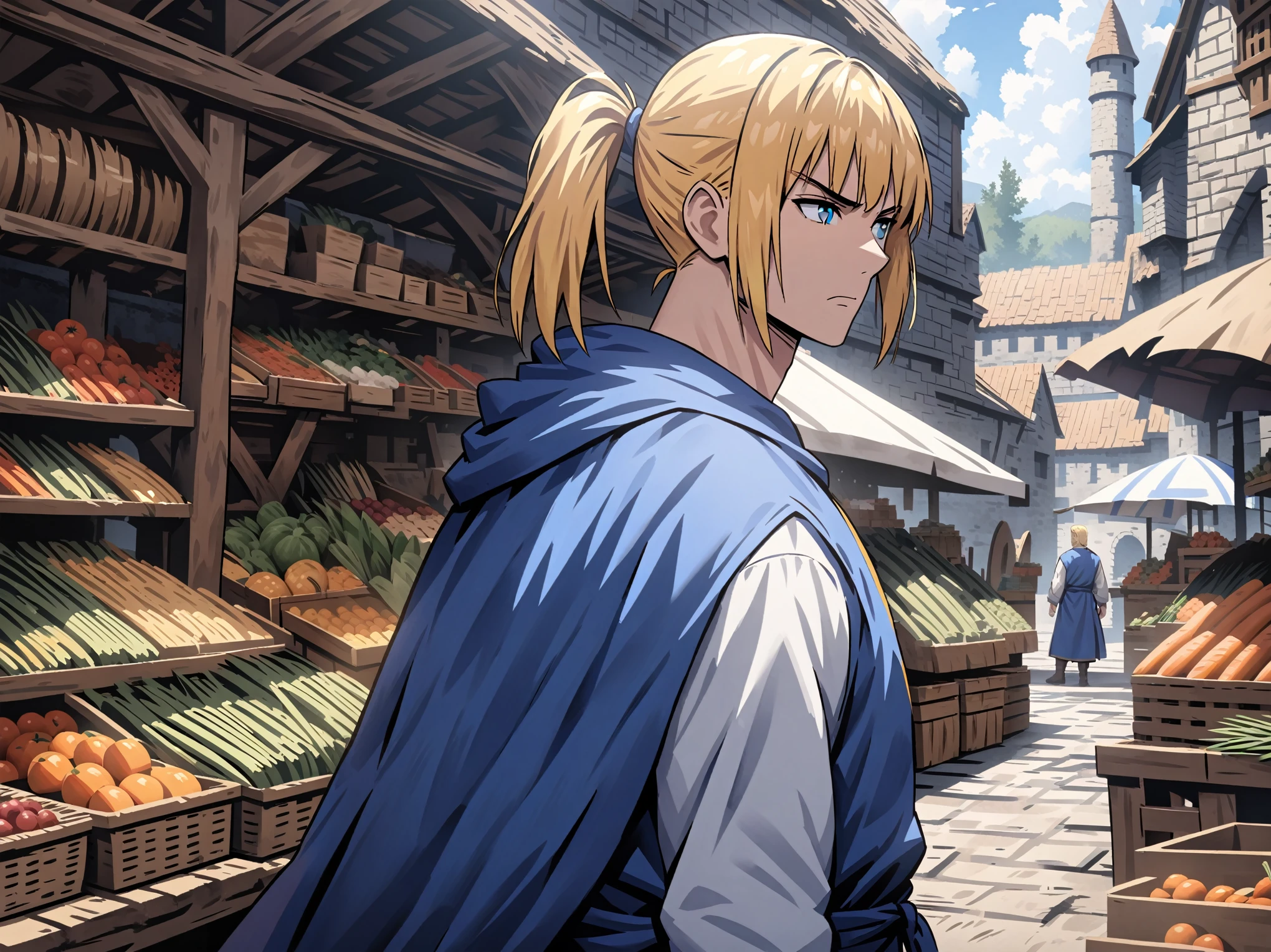 {{upper body, from the side}} {{Artist: jasony}} muscular male, solo, tall, lean, handsome, blonde hair, short hair, high ponytail, short ponytail, straight hair, bangs, blue eyes, irritated, standing, looking to side, outdoors, market, blue tunic, white sleeves, black cloak, medieval fantasy.