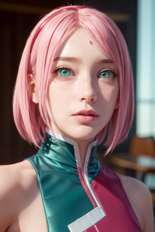 young woman, bubblegum pink hair, wide forehead, emerald green eyes, upturned nose, freckles on nose, thick pink lips, heart-shaped face, red clothes, Sakura Haruno, realism, well detailed, 3d
