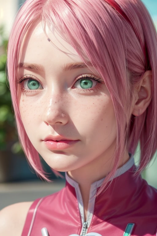 young woman, bubblegum pink hair, wide forehead, emerald green eyes, upturned nose, freckles on nose, thick pink lips, heart-shaped face, red clothes, Sakura Haruno, realism, well detailed, 3d
