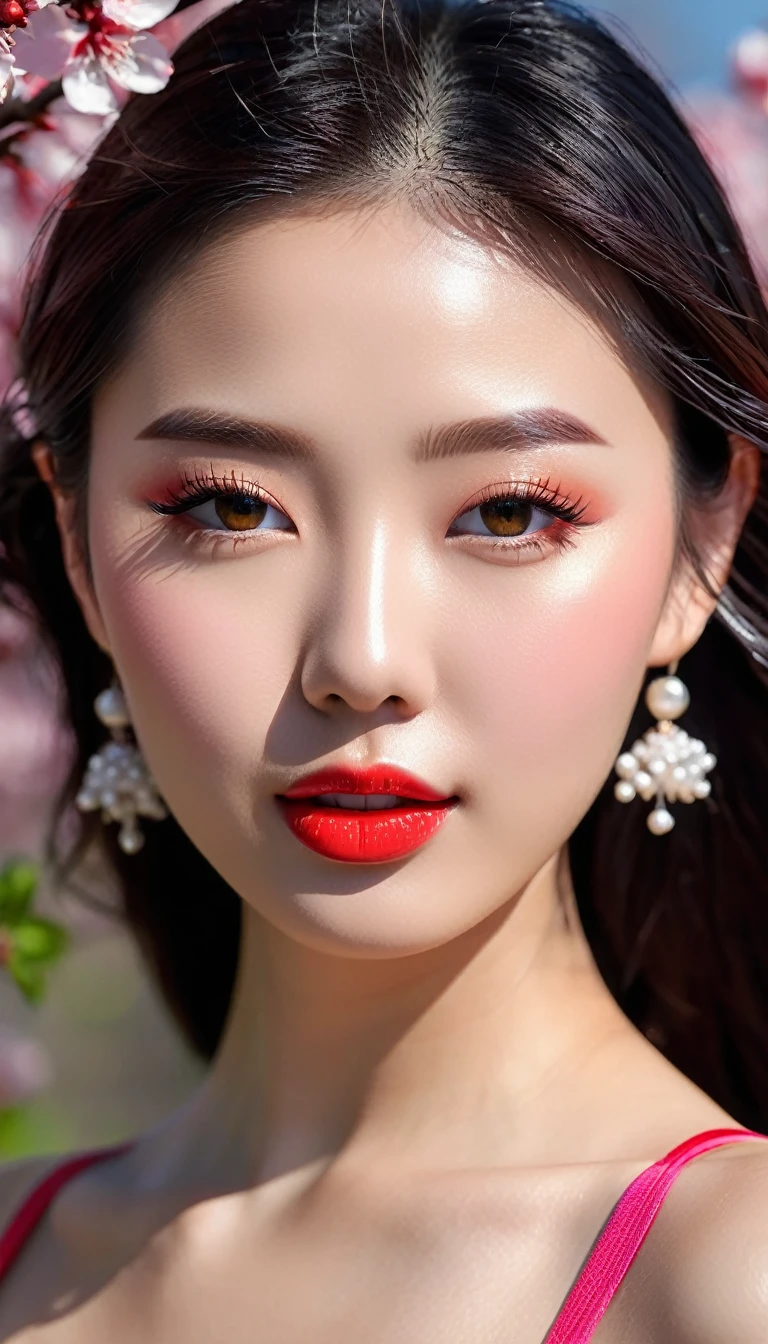 1 girl, Korean model, extremely beautiful, perfect body. Canon RF85mm f/1.2, 8K, lifelike, masterpiece, sharpest and highest contrast, super realistic color images. Her hair is pink, long and smooth, the wind blows it beautifully under the bright sunlight. Beautiful face, perfect and sexy, holy, perfectly proportioned, beautiful in every detail, ((shiny)), high-end cosmetic makeup. Bright smile, pure white teeth and details. Attractive glossy red lips, brilliant glossy red lipstick. Brown eyes, glossy, seductive, ((sharp makeup)), realistic, ((wet eyes)), detailed. Pink eyeshadow, long eyelashes, blush, high-end cosmetics. Two delicate eyelids, perfectly beautiful and detailed, black eyelashes. Eyebrows are curved, sparse, sharp and detailed. High and detailed nose. Cheeks are prominent and detailed. ((Bright white skin)), detailed pores, shiny skin, smooth skin. Hands are beautiful, perfect, ((no flaws)), no defects. Her breasts are big and full, her nipples are prominent and detailed, her cleavage is deep and firm, tight under her bra. Buttocks are plump and fit into underwear. Mesh bra, metallic thread, ((shiny)). Body-tight underwear, bright red color. Complex light, yellow-black rays, ((illuminates face)), sunlight ((sparkles)), ((illuminates girl's body)).
Red bikini, high heels, long legs, cherry blossoms, front, walking on tree-lined avenue.