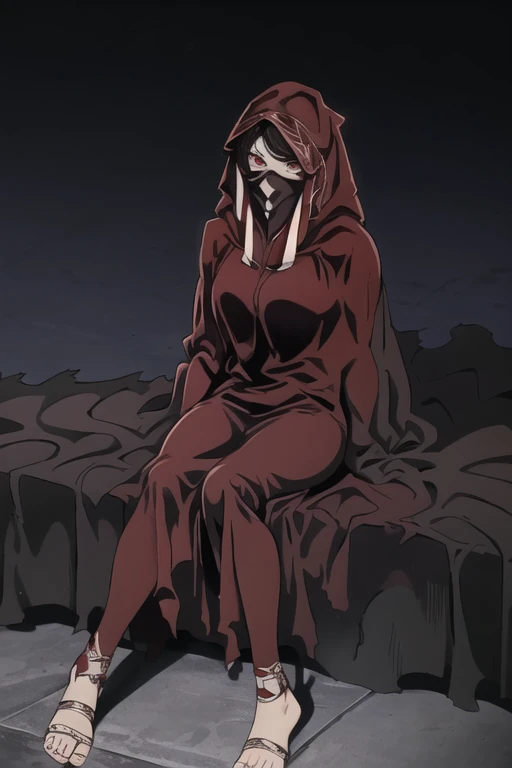 No name assassin, red eyes, cloak, robe, long skirt, mask, hood, cape, sitting, best quality, masterpiece,