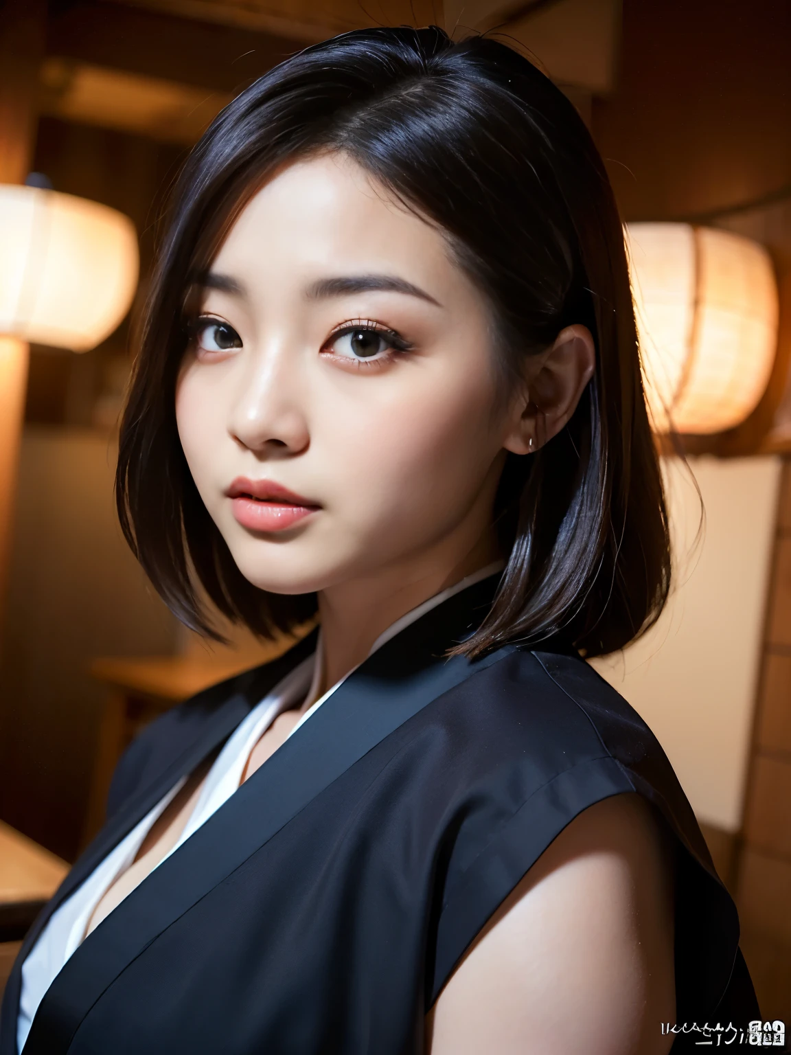 (Best-quality, Masterpiece, Ultra-High-Resolution, (Photorealistic:1.4), Raw Photo, depth of field, professional lighting, perfect anatomy, extremely details), 1woman, Japanese Mafia, wearing black Japanese-KIMONO with gorgeous-design, (extremely beautiful face, ((extremely beautiful and extremely big eyes)), extremely beautiful hair, extremely beautiful skins), extremely beautiful long-eyelashes, extremely beautiful lips, ((detailed Japanese-Mafia):1.5)