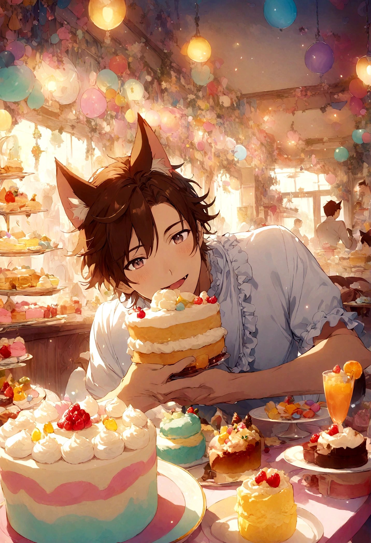 Anime illustration of a handsome young man with cat ears and vibrant brown hair, wearing an elaborately frilly white blouse. He is eagerly biting into a fluffy shortcake, surrounded by a whimsical cafe environment filled with colorful desserts and pastel decorations. The scene exudes a playful and fantastical atmosphere.