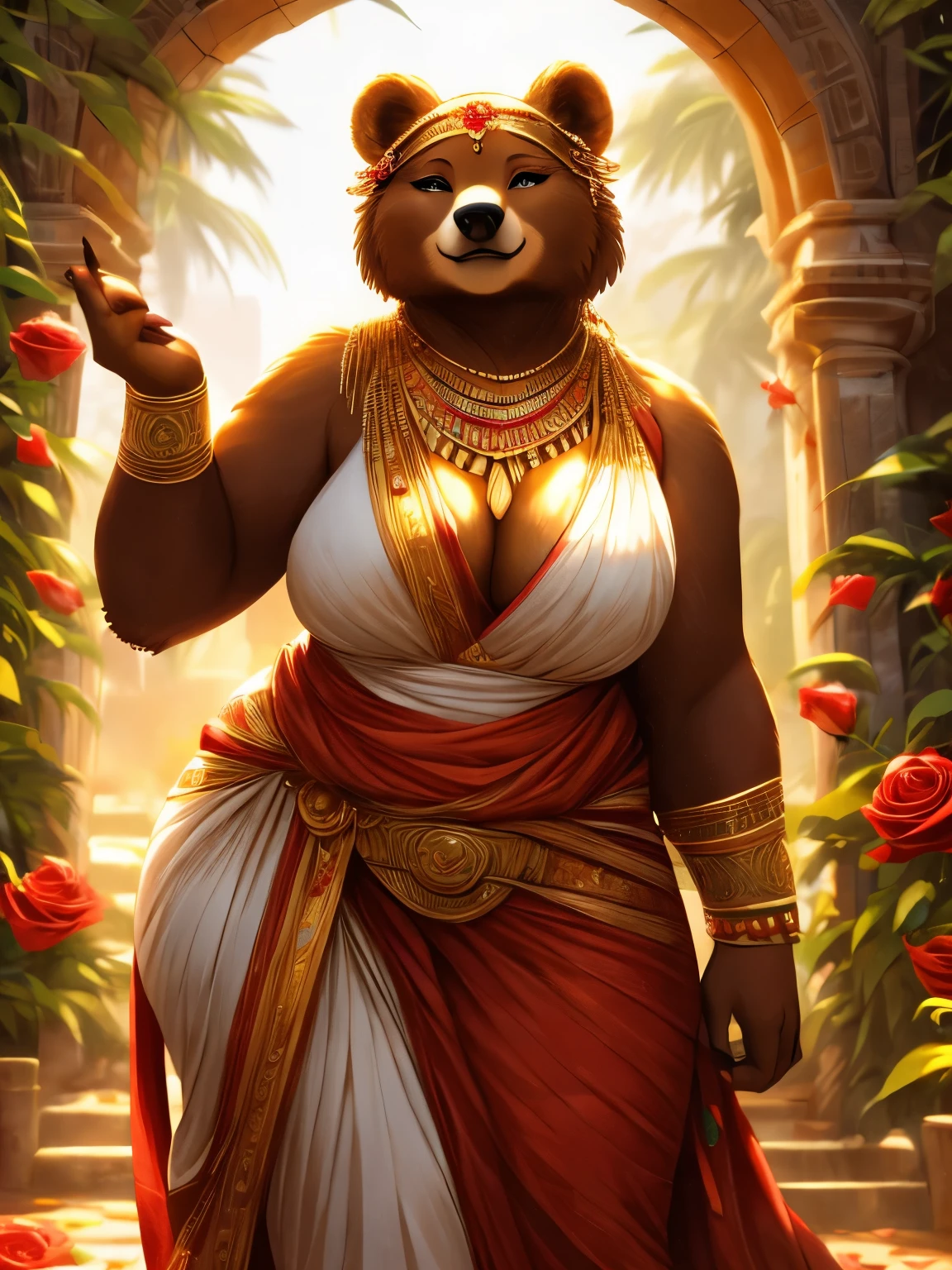 female, brown bear, goddess, fat, chubby, large breasts, cleavage, wide hips, huge hips, skimpy white toga, roman garden, roses, golden glow, rose petals, seductive expression, high quality eyes, high resolution, visually stunning, detailed hands, golden laurel crown