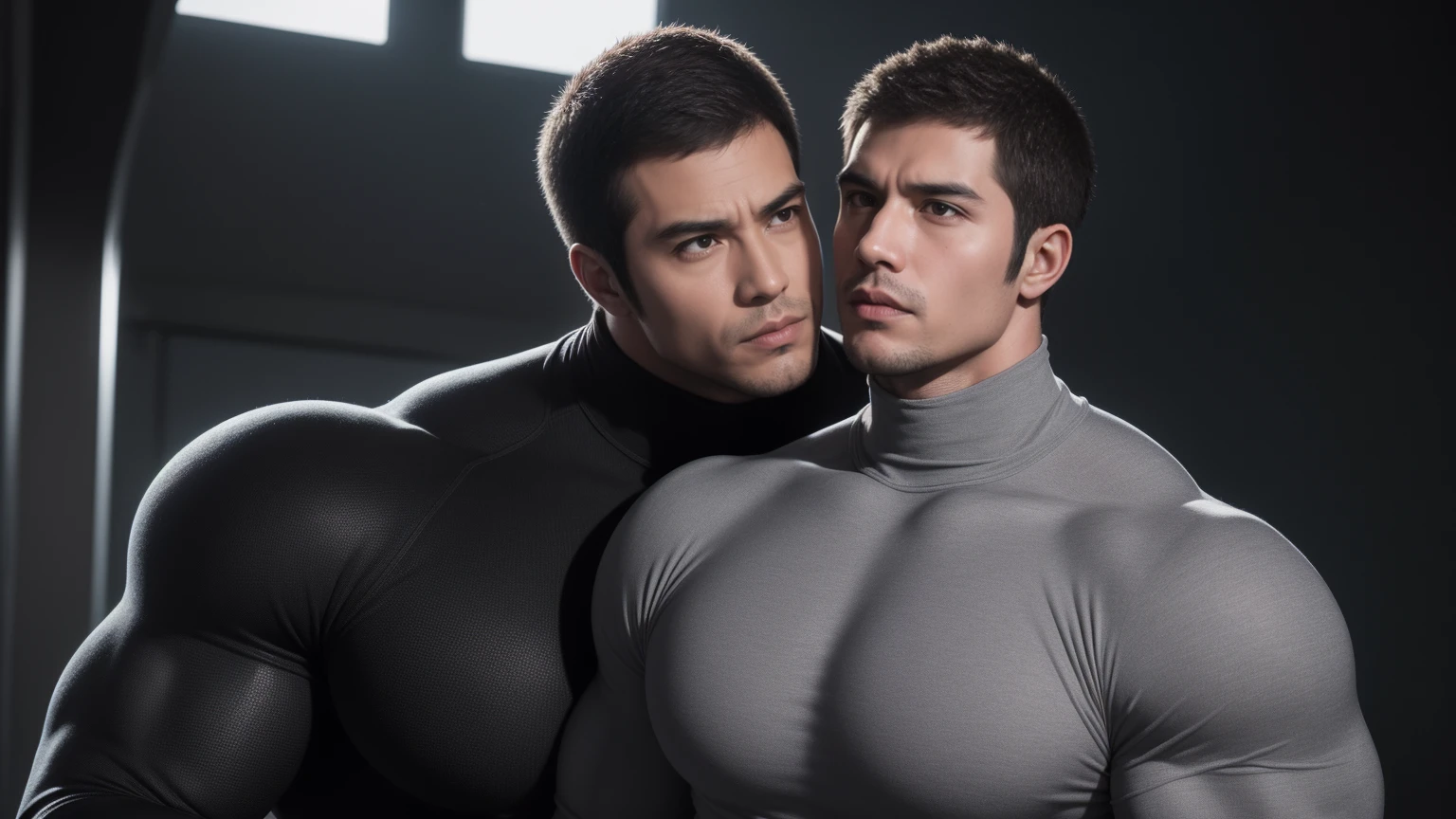 Super muscular man hugging, kissing and caressing,  Open mouth and scream，Look at each other affectionately，They hugged each other affectionately，Buzz Cut，In a luxurious and noble mansion, Wear a long-sleeved dark grey turtleneck tights, Thickened warm elastic texture，Clothes are very dirty with mud stains，The expression is arrogant, Thick thighs, Messy hair, Thick thighs, High collar long sleeve dark grey turtleneck tights, very tight, Regular symmetrical pattern, Highlight muscles, Police uniform pants, character concept（Resident Evil - Chris Redfield, Chris Redfield）A proud expression, Deep and charming eyes, Heroic male pose, tall Burly, muscular！muscular thighs, tough guy, perfect facial features, High, Burly, Heqiang, Super polished and cool, High Resolution Committee, Charismatic, The sun shines through the customers