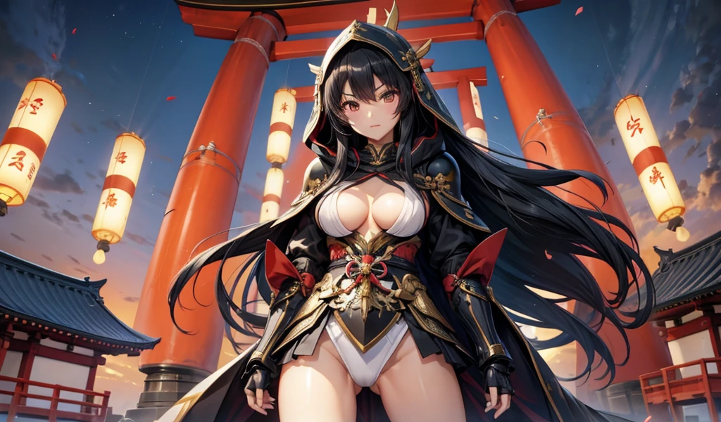 Black long straight hair woman,Japan Armor,Half naked,cleavage,Hood cloth,Bare Legs,Japanese Shrines