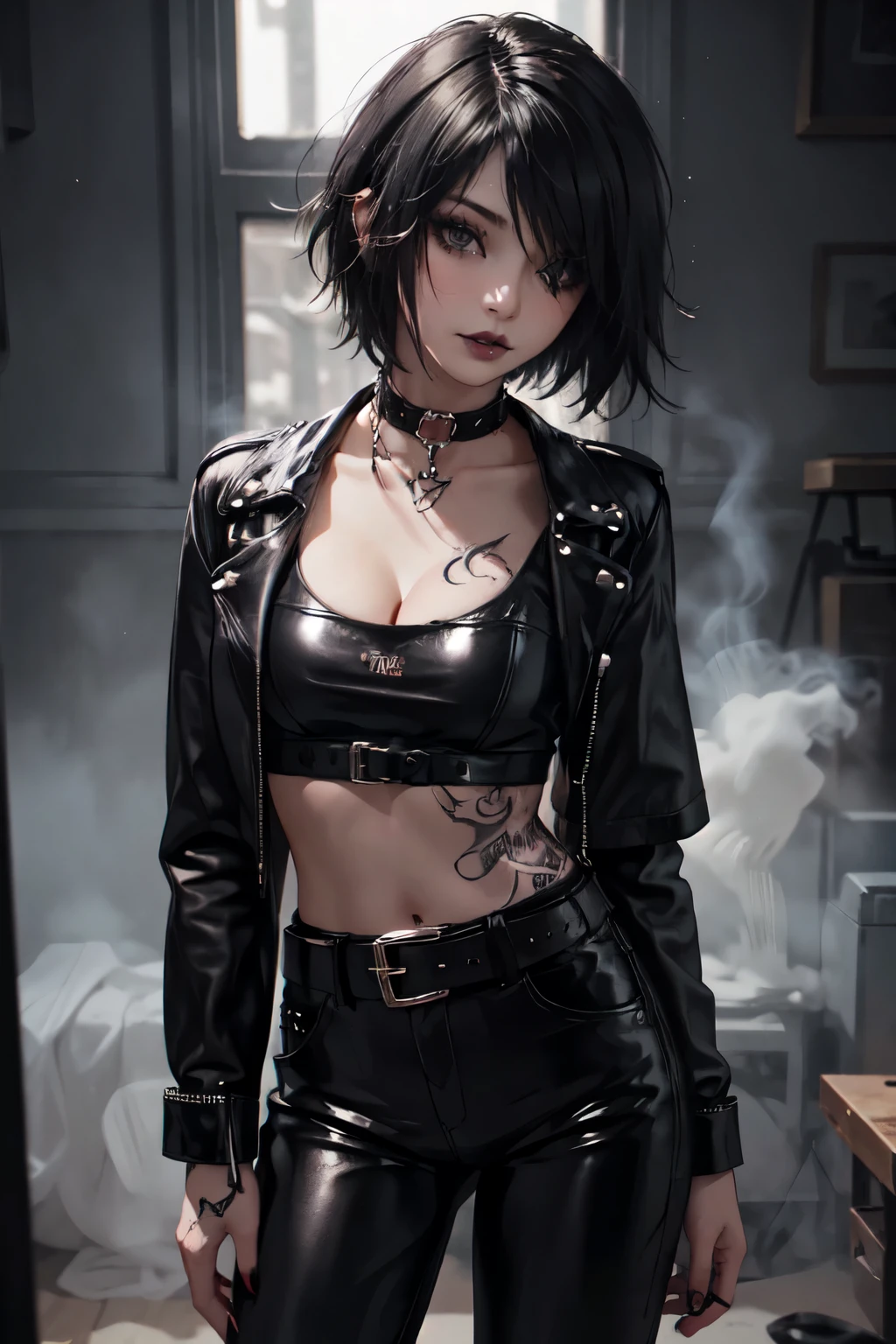 1Girl, woman, emo_hairstyle, black lipstick, dog collar, eyeliner, eye shadow, smoky eyes, realistic lighting, short hair, standing up, leather clothes, open clothes, cleavage, leather pants, belt, tattoo