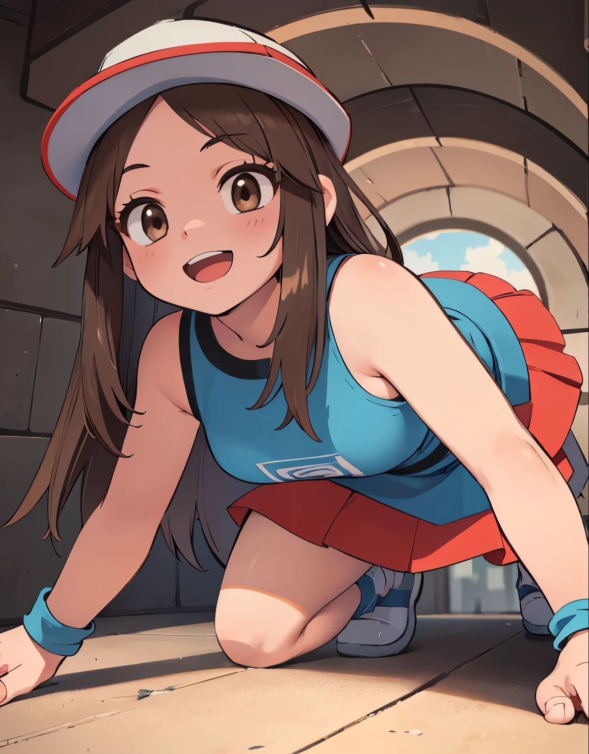 (best quality,4k,8k,highres,masterpiece:1.2),ultra-detailed,(realistic,photorealistic,photo-realistic:1.37)highres,portrait,beautiful girl, ultra-detailed, realistic:1.37, sketches, 1trainerleaf1, full body, sleeveless shirt, black wristbands, visible thighs,red skirt,blue shirt, loose socks, white footwear,sexy pose,smile,upskirt,white panties,brown hair, hat, brown eyes,beautiful detailed eyes,long lashes,beautiful eyes, anime style eyes, perfect hands, dinamic pose, loved look, open mouth, smile, encanto fe******, pokeballs, a girl crawling inside a ventilation tunnel, view from behind, detailed face and hands, extremely realistic, 8K, highly detailed, photorealistic, intricate details, ambient occlusion, cinematic lighting, dramatic shadows, moody atmosphere, warm color tones, beautiful texture, intricate mechanical patterns, claustrophobic environment, dramatic lighting, intense detail, hyper-realistic, cinematic camera angle, depth of field, high quality, masterpiece