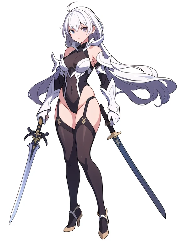 (((white background))),  (((full body))), female, reference sheet, solo, thigh high, gauntlets, leotard, body stocking,  (cropped shoulders), sword, holding sword, gloves, stand posture, 
