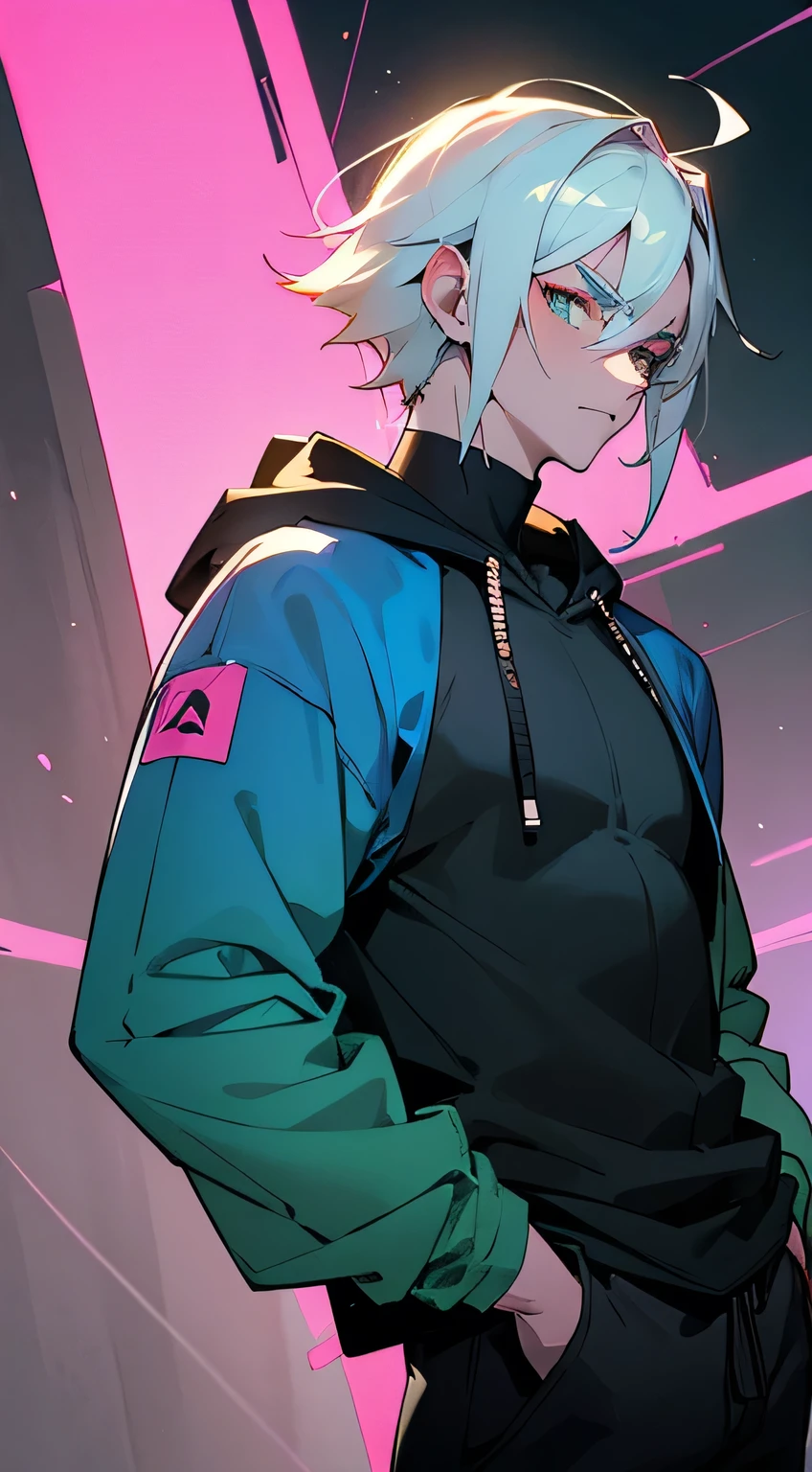 Handsome man , very pale skin, pure white hair , neon green eyes , black eyebrows, broad shoulders, lean body , toned , age 24,
(masterpiece, best quality )detailed, 1Character , pastel washed out colors , cell shade , soft, muted shades ,gentle colors ,
He wears an oversized, electric blue puffy jacket with neon green and pink accents, The jacket is adorned with graffiti-style designs, Underneath, he has on a sleek, black hoodie with neon splatter patterns, loose-fitting cargo pants in a dark shade of black, offering practicality and a nod to street fashion,
Night time in the city , downtown, lit by streetlights , restaurants, fall weather ,
