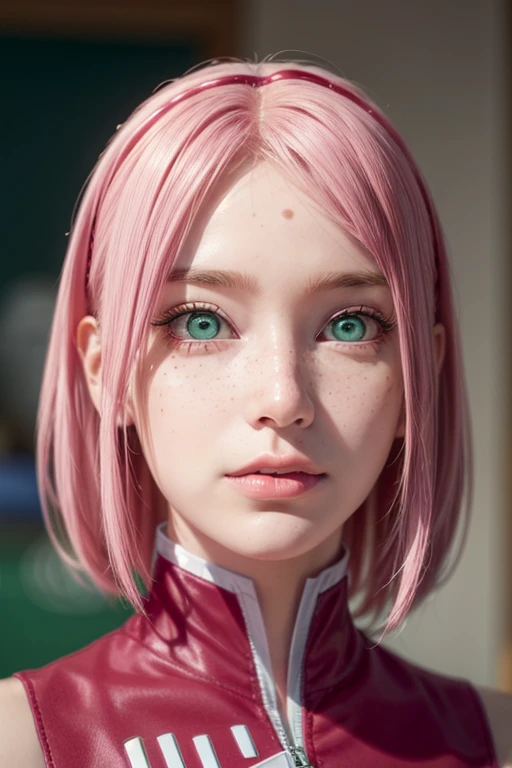 young woman, bubblegum pink hair, wide forehead, emerald green eyes, upturned nose, freckles on nose, thick pink lips, heart-shaped face, red clothes, Sakura Haruno, realism, well detailed, 3d

