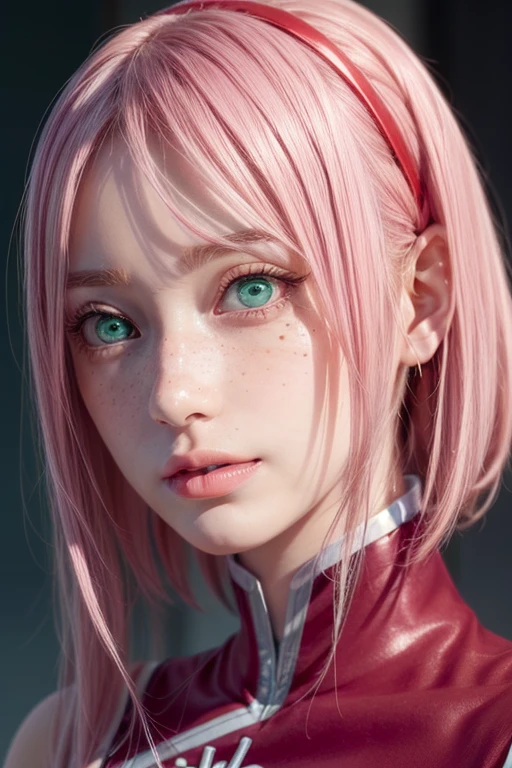 young woman, bubblegum pink hair, wide forehead, emerald green eyes, upturned nose, freckles on nose, thick pink lips, heart-shaped face, red clothes, Sakura Haruno, realism, well detailed, 3d
