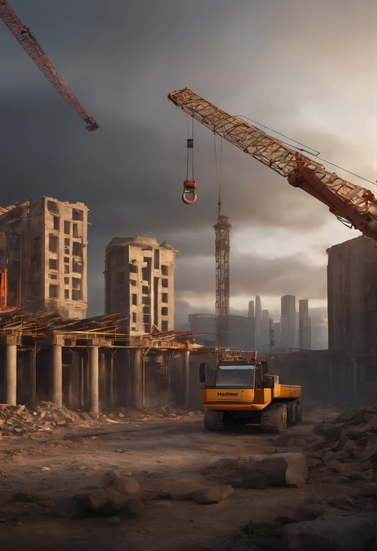 There is a picture of a construction site,There is a construction crane, created in unreal engine 5, made in unreal engine 5, destroyed city in background, render in unreal engine 5, unreal engine 5 digital art, hyper-realistic environment, outdoors ruined cityscape, Unreal Engine 5 renderer, Unreal Engine 5 environment, dusty unreal engine, destroying a cityscape