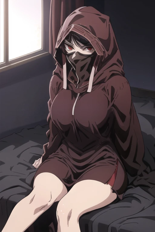 No name assassin, red eyes, breastscloak, robe, long skirt, mask, hood, cape, sitting, best quality, masterpiece, bedroom 