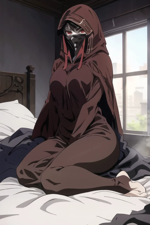 No name assassin, red eyes, breastscloak, robe, long skirt, mask, hood, cape, sitting, best quality, masterpiece, bedroom