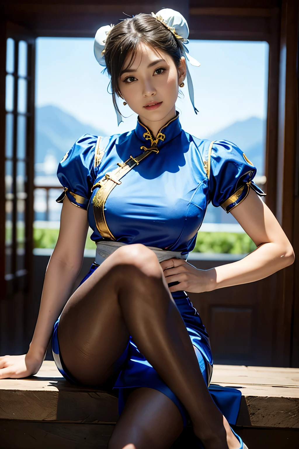 《Street Fight II》Chun-Li,Perfect Chun-Li Costume,Blue and gold thread cheongsam,Bun head,Good cover,Fighting Stance,ハイKick,Kick、Lift your legs,masterpiece、1 beautiful girl、beautiful eyes、y eyes、best quality, 超high resolution, (Reality: 1.4), light、Super beautiful、Beautiful skin、turn body forward、(超Reality的な)、(high resolution)、(8K)、(Very detailed)、(美しくbeautiful eyes)、(Super detailed)、 (wall-)、Delicate face、明亮的light、Professional lighting、Looking at the audience、Direct vision、Tilted stone sculpture, best quality, masterpiece, best quality, Perfect face, Perfect brown eyes and white sclera, Bad Move - 5, Solitary, 1 girl, Upper Body, brown hair, From SF2, Chinese service, Smile, muscular woman, Blue clothes, Pant, Pelvic Curtain, Full short sleeves, Good cover, sash, Evaluate: