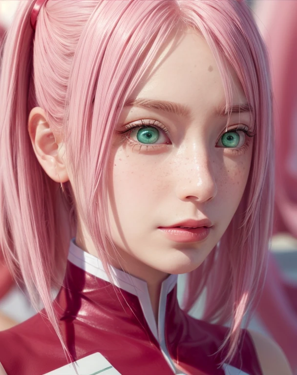 young woman, bubblegum pink hair, wide forehead, emerald green eyes, upturned nose, freckles on nose, thick pink lips, heart-shaped face, red clothes, Sakura Haruno, realism, well detailed, 3d
