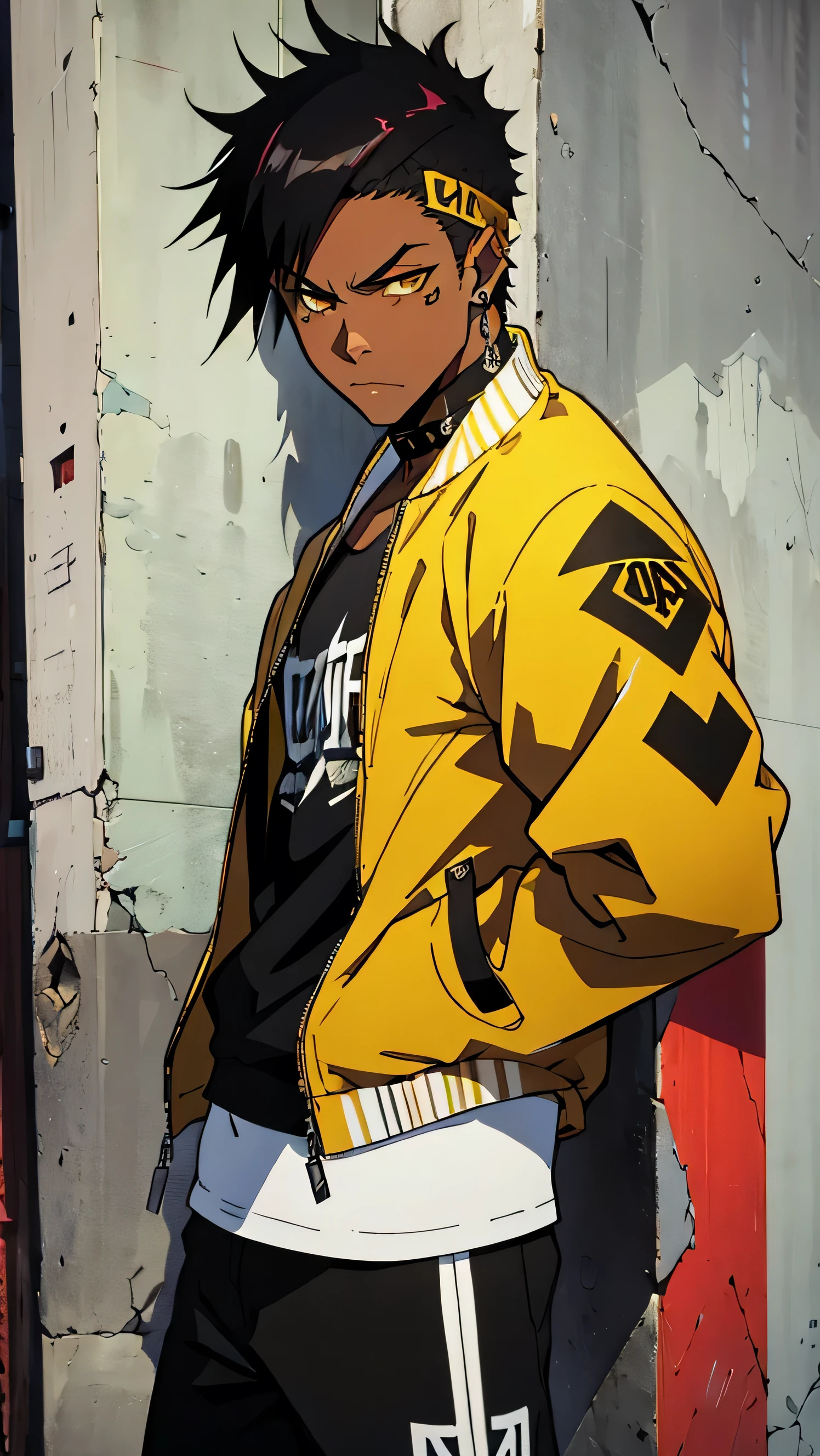 1boy, young boy, teenager, short hair, black hair, yellow eyes, brown skin, ears pearcings, muscular, cool punk rock outfit