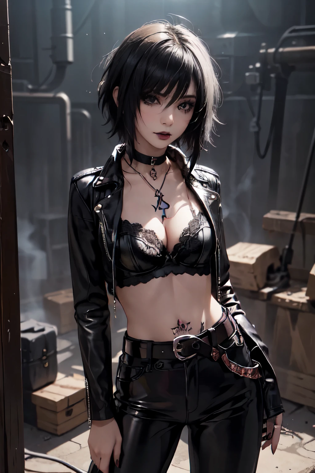 1Girl, woman, emo_hairstyle, black lipstick, dog collar, eyeliner, eye shadow, smoky eyes, realistic lighting, short hair, standing up, leather clothes, open clothes, cleavage, leather pants, belt, tattoo, bra.